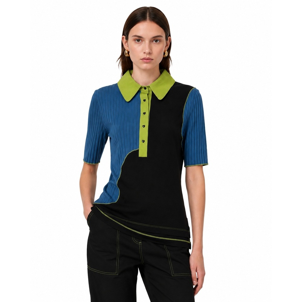 Marina Moscone Colorblock Polo Top Black Petrol Blue XS Heart Button